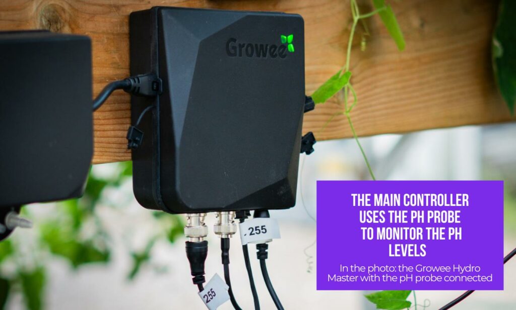 The pH probe is connected to the main hydroponics controller