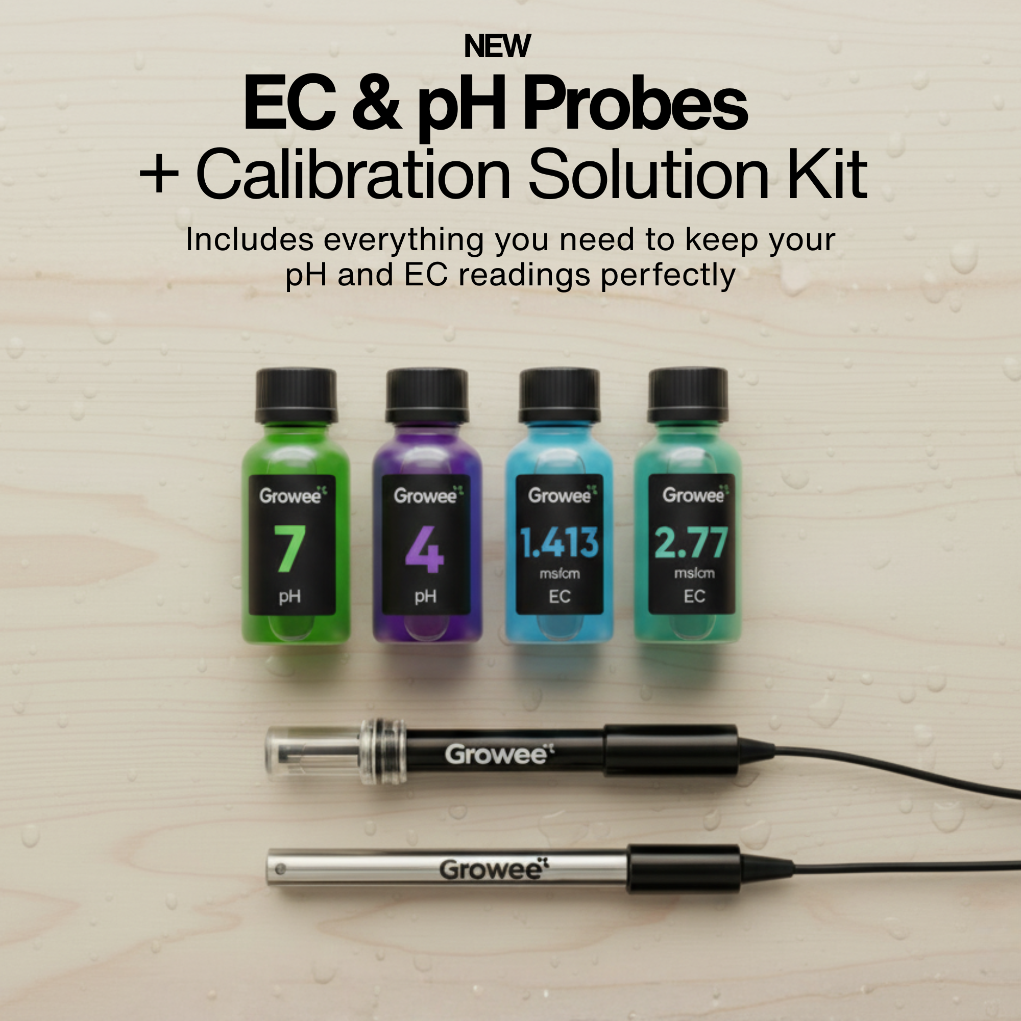 Complete Growee Calibration Kit showing pH and EC probes with pH 4.0, pH 7.0, 1.413 mS/cm, and 2.77 mS/cm calibration solutions for hydroponic systems