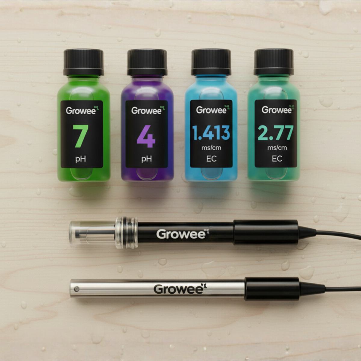 Growee Calibration Kit with pH and EC probes and calibration solutions for hydroponic water monitoring
